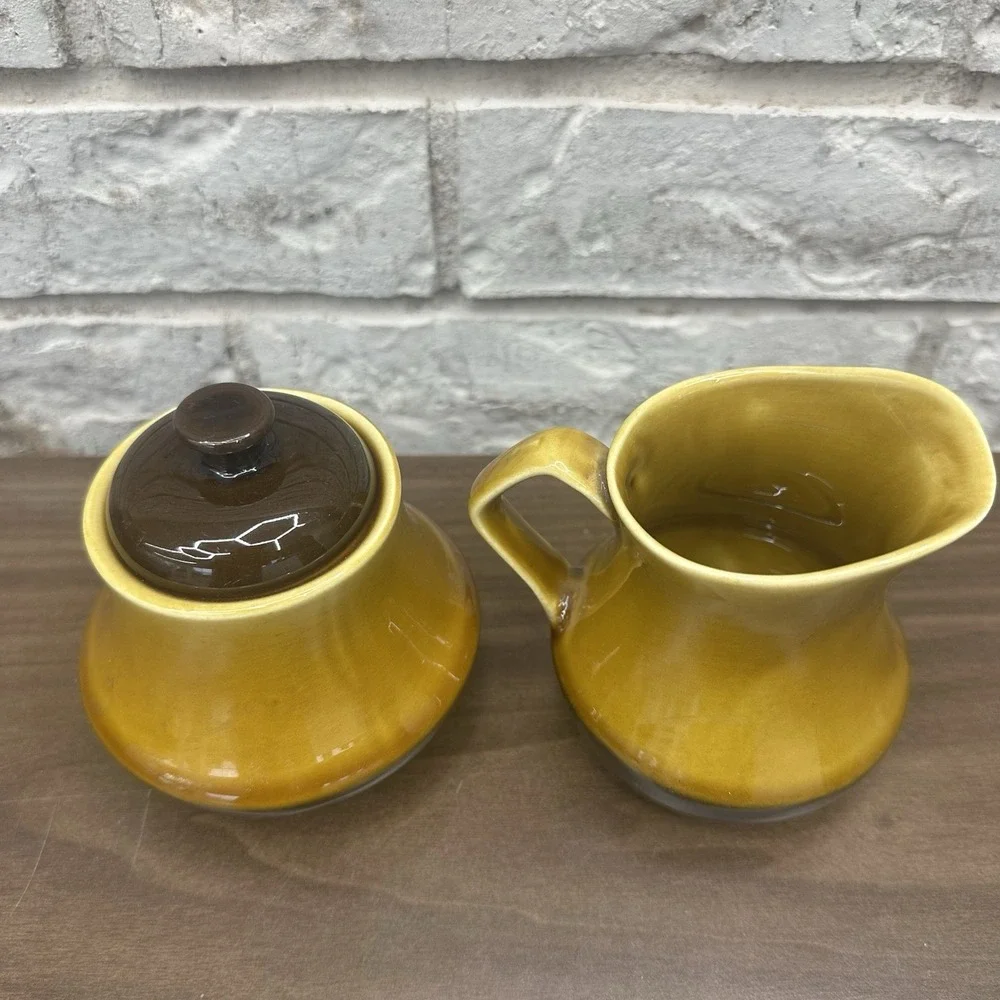 Vintage MCM Set Creamer & Sugar W Lid Two tone Brown Glaze Harvest Gold Japan